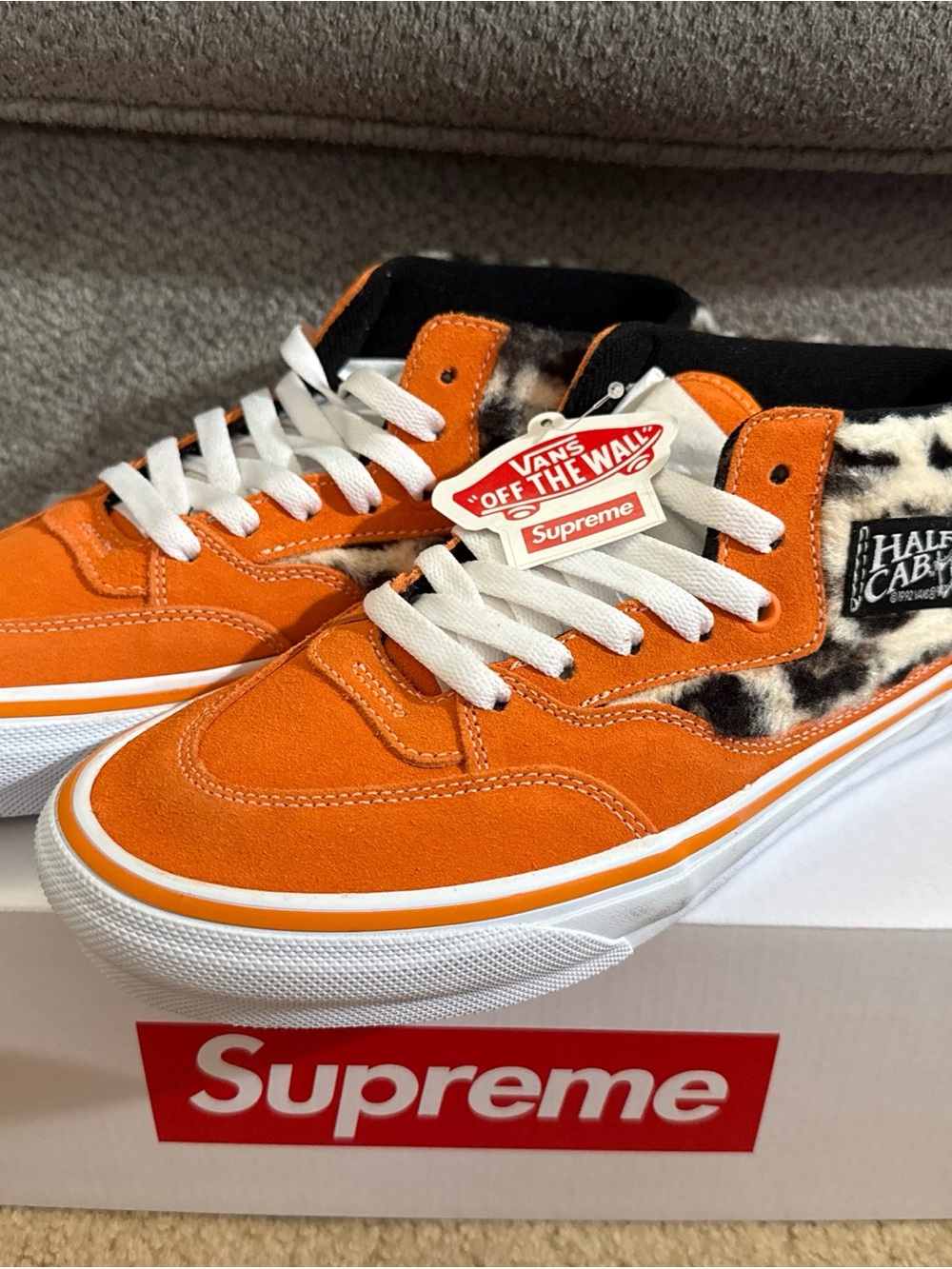 Supreme Orange Suede Sneakers with Leopard Accent